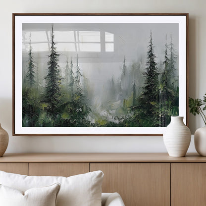 76014-MGV-CV-36X24-Forest Wall Art – Textured Canvas Print Featuring Misty Evergreen Pines and Woodland Landscape, Rustic Nature Artwork for Living