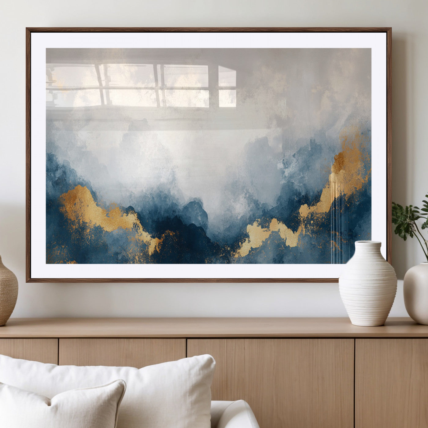 14578-MGV-CV-36X24-Abstract Wall Art – Modern Canvas Print Featuring Blue and White Clouds with Golden Accents, Contemporary Elegant Artwork for