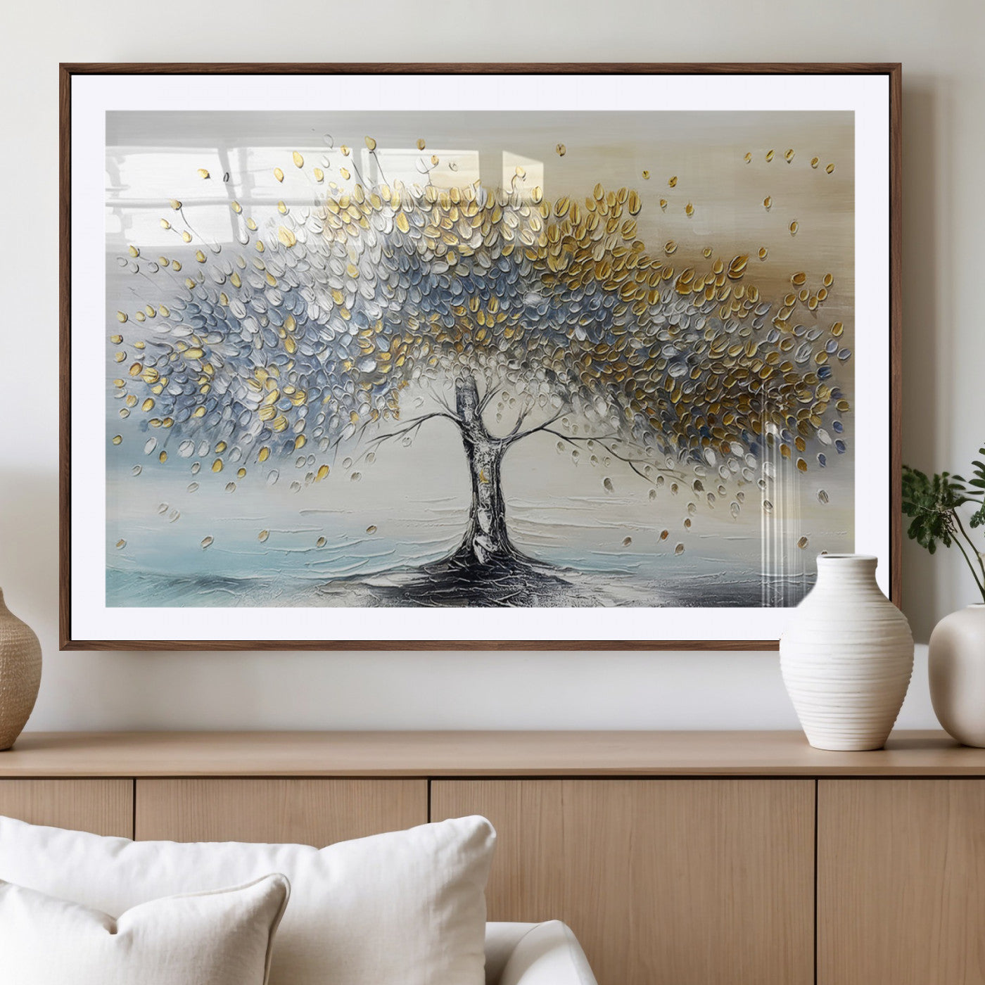 24771-MGV-CV-36X24-Silver Tree Wall Art Canvas Print, Framed Golden Leaves Art Picture Print, Metallic Tree Perfect Minimalist Luxury Decor Artwork