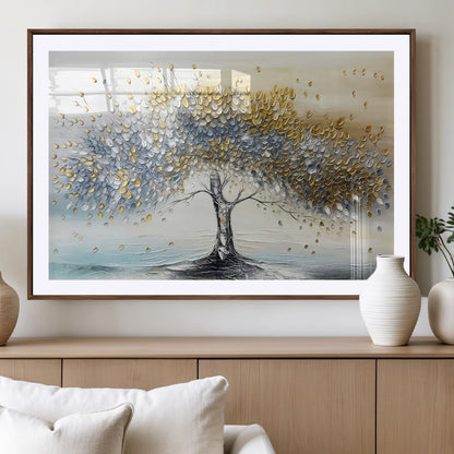 24771-MGV-CV-36X24-Silver Tree Wall Art Canvas Print, Framed Golden Leaves Art Picture Print, Metallic Tree Perfect Minimalist Luxury Decor Artwork