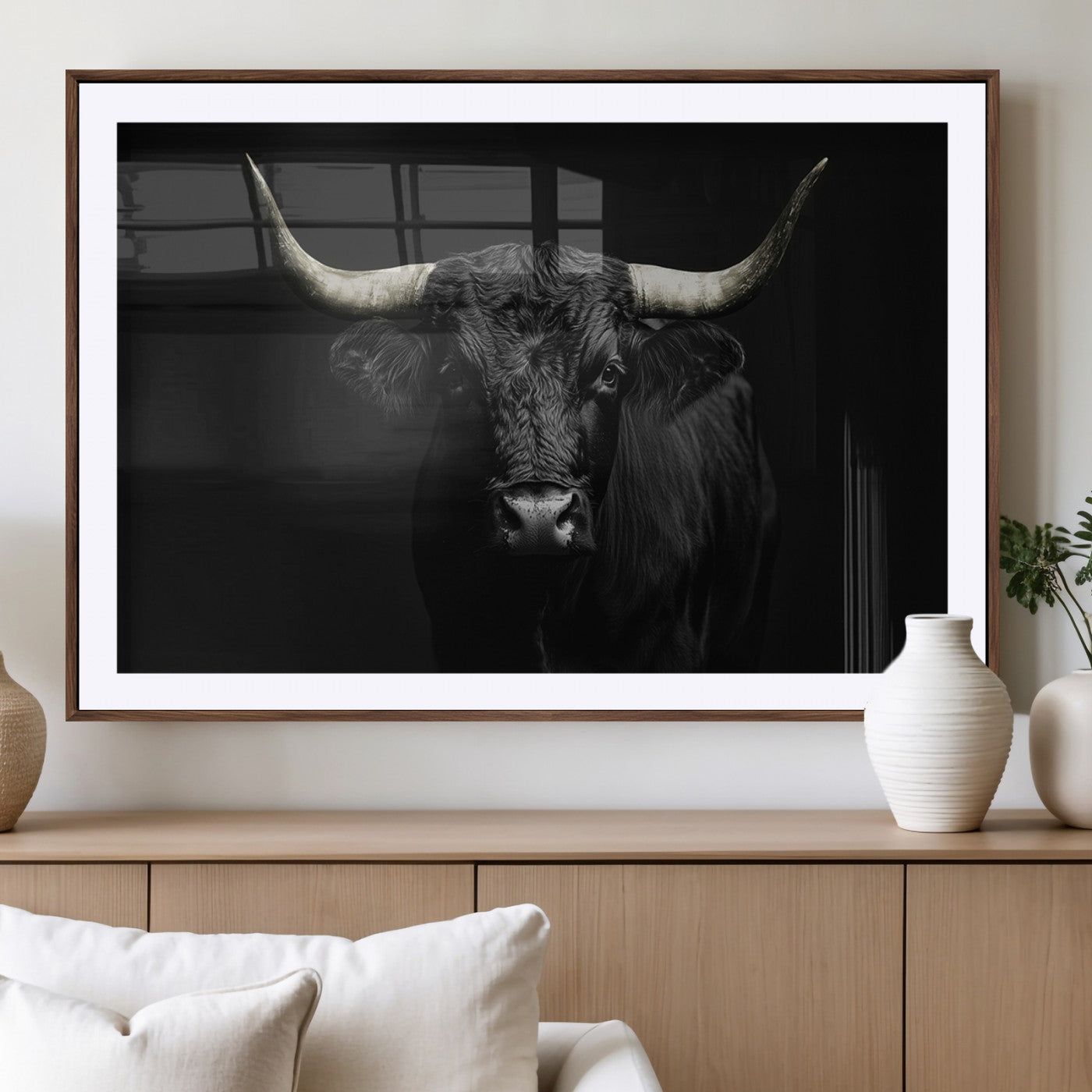 97914921-MGV-CV-36X24-Black Bull Wall Art Canvas Print, Framed Longhorn Bull Art Picture Print, Western Bull Perfect Monochrome Western Decor Artwork