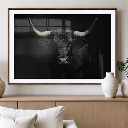 97914921-MGV-CV-36X24-Black Bull Wall Art Canvas Print, Framed Longhorn Bull Art Picture Print, Western Bull Perfect Monochrome Western Decor Artwork