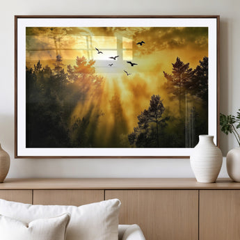 13776802-MGV-CV-36X24-Golden Forest Wall Art Canvas Print, Framed Sunset Pines Art Picture Print, Flying Birds Perfect Nature Glow Decor Artwork
