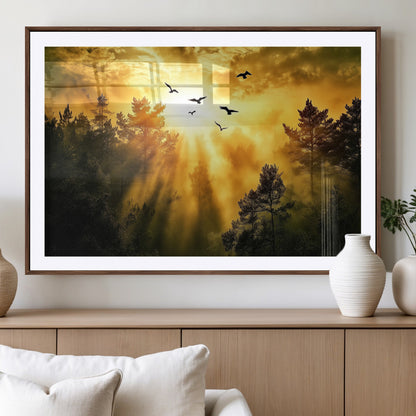 13776802-MGV-CV-36X24-Golden Forest Wall Art Canvas Print, Framed Sunset Pines Art Picture Print, Flying Birds Perfect Nature Glow Decor Artwork