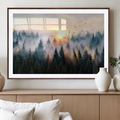 56391411-MGV-CV-36X24-Misty Forest Wall Art Canvas Print, Framed Sunrise Pines Art Picture Print, Moody Pines Perfect Serene Woodland Decor Artwork