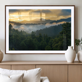 68082278-MGV-CV-36X24-Mountain Sunrise Wall Art Canvas Print, Framed Pine Forest Art Picture Print, Misty Mountains Perfect Earthy Woodland Decor