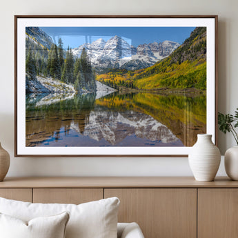 87724099-MGV-CV-36X24-Maroon Bells Wall Art Canvas Print, Framed Snowy Mountains Art Picture Print, Pine Forest Perfect Vibrant Alpine Decor Artwork