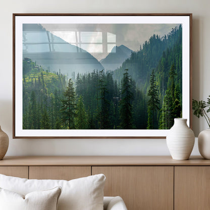 83417191-MGV-CV-36X24-Misty Mountain Forest Wall Art – Pine Tree Landscape Canvas Print, Nature Photography Panorama, Tranquil Green Forest Décor for