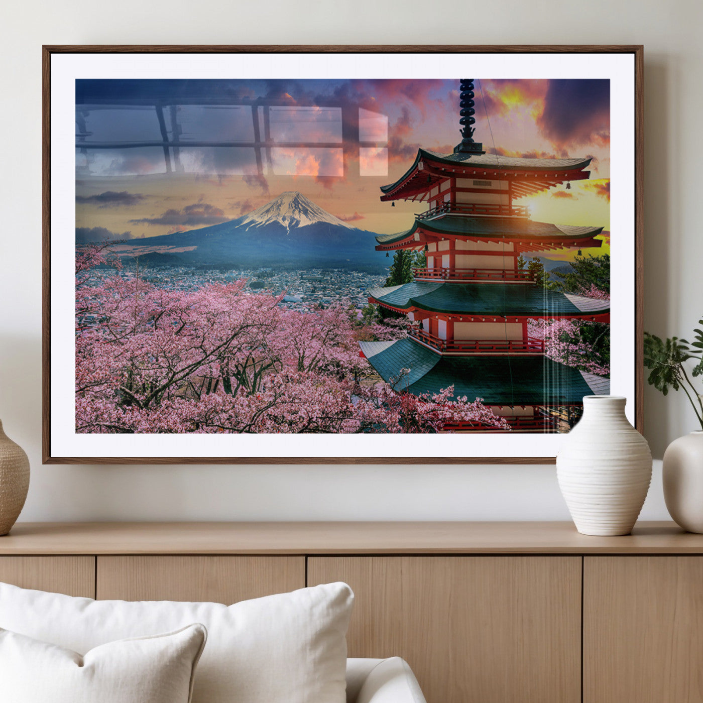 32331262-MGV-CV-36X24-Mount Fuji Japan Wall Art – Cherry Blossom Landscape Canvas Print, Chureito Pagoda Sunset Photography, Japanese Nature Travel