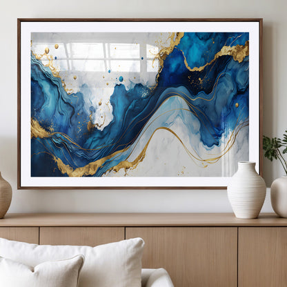 33506371-MGV-CV-36X24-Blue Marble Wall Art Canvas Print, Framed Gold Splash Art Picture Print, Abstract Wave Perfect Modern Luxe Decor Artwork
