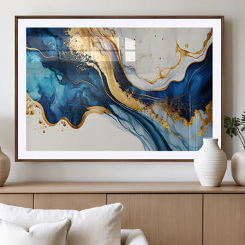 60283636-MGV-CV-36X24-Blue Gold Flow Wall Art Canvas Print, Framed Marble Texture Art Picture Print, Elegant Splash Perfect Elegant Abstract Decor