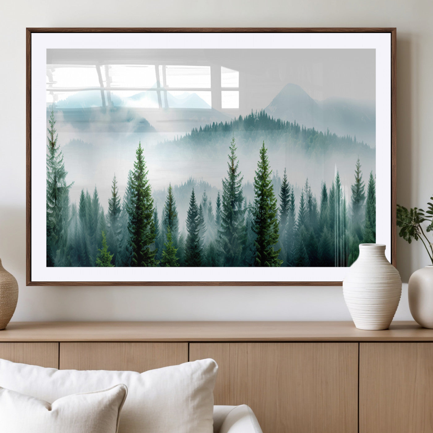 16716676-MGV-CV-36X24-Pine Forest Wall Art Canvas Print, Framed Misty Mountains Art Picture Print, Foggy Trees Perfect Moody Forest Decor Artwork