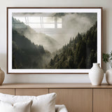 57570237-MGV-CV-36X24-Misty Valley Wall Art Canvas Print, Framed Foggy Forest Art Picture Print, Pine Trees Perfect Moody Woodland Decor Artwork