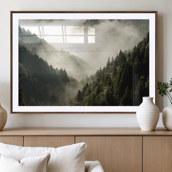57570237-MGV-CV-36X24-Misty Valley Wall Art Canvas Print, Framed Foggy Forest Art Picture Print, Pine Trees Perfect Moody Woodland Decor Artwork