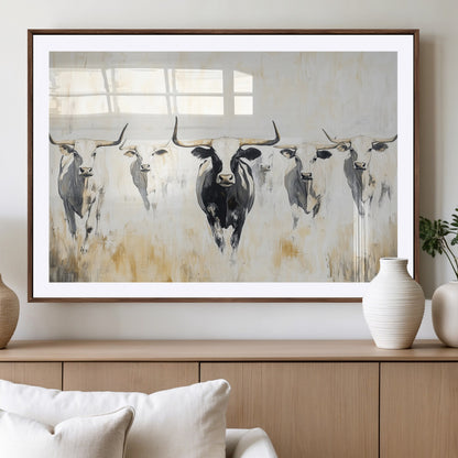 40397799-MGV-CV-36X24-Texas Longhorn Wall Art Canvas Print, Framed Rustic Herd Art Picture Print, Western Bull Perfect Neutral Western Decor Artwork