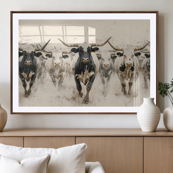 61538944-MGV-CV-36X24-Texas Longhorn Wall Art Canvas Print, Framed Cattles Walking Art Picture Print, Black White Bulls Perfect Rustic Western Decor