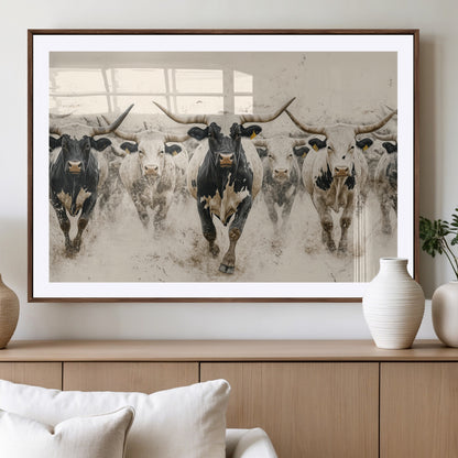61538944-MGV-CV-36X24-Texas Longhorn Wall Art Canvas Print, Framed Cattles Walking Art Picture Print, Black White Bulls Perfect Rustic Western Decor