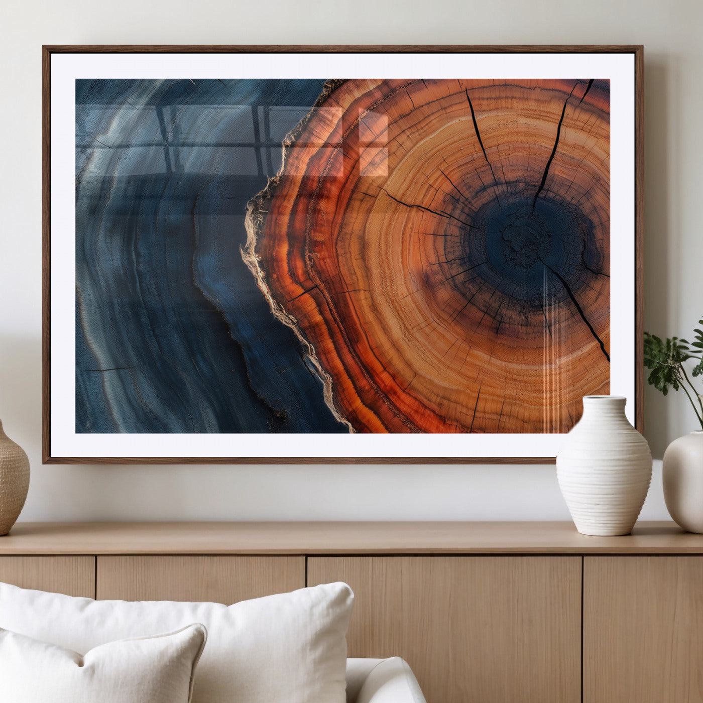 57732250-MGV-CV-36X24-Tree Ring Abstract Wall Art – Blue Orange Wood Grain Canvas Print, Modern Rustic Nature Artwork for Living Room, Office,