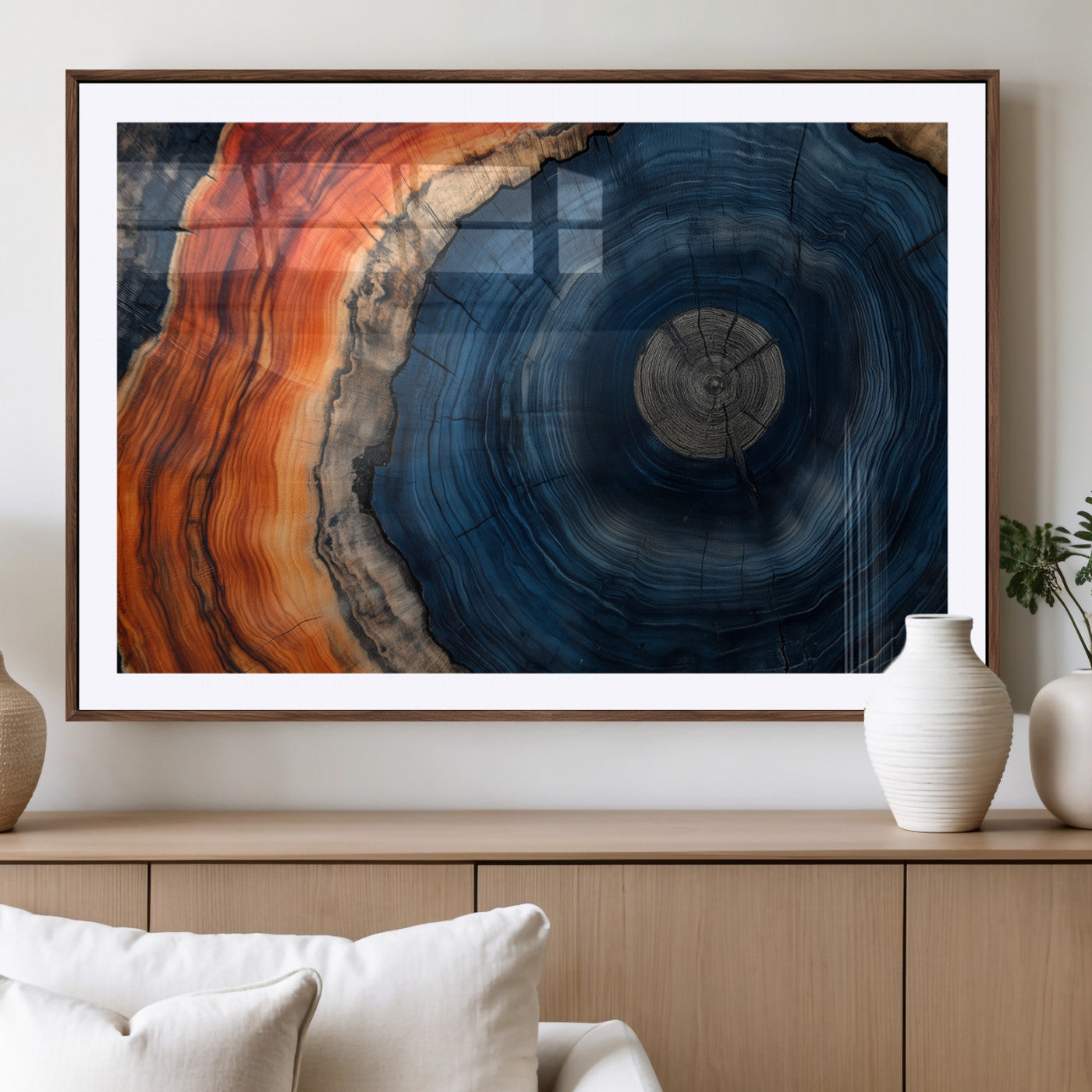 99491700-MGV-CV-36X24-Tree Ring Canvas Wall Art – Blue Orange Abstract Wood Grain Print, Rustic Modern Nature Artwork for Living Room, Office, Bedroom