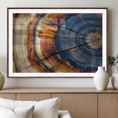 18032999-MGV-CV-36X24-Tree Ring Wall Art – Blue Brown Abstract Wood Slice Canvas Print, Rustic Modern Nature Decor for Living Room, Office, Bedroom or
