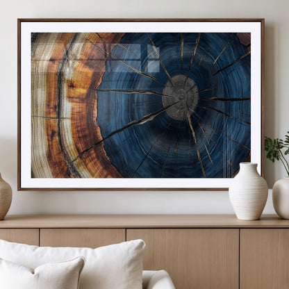 60099360-MGV-CV-36X24-Blue Tree Ring Wall Art – Rustic Wood Grain Canvas Print, Modern Abstract Artwork with Natural Texture for Living Room, Bedroom,