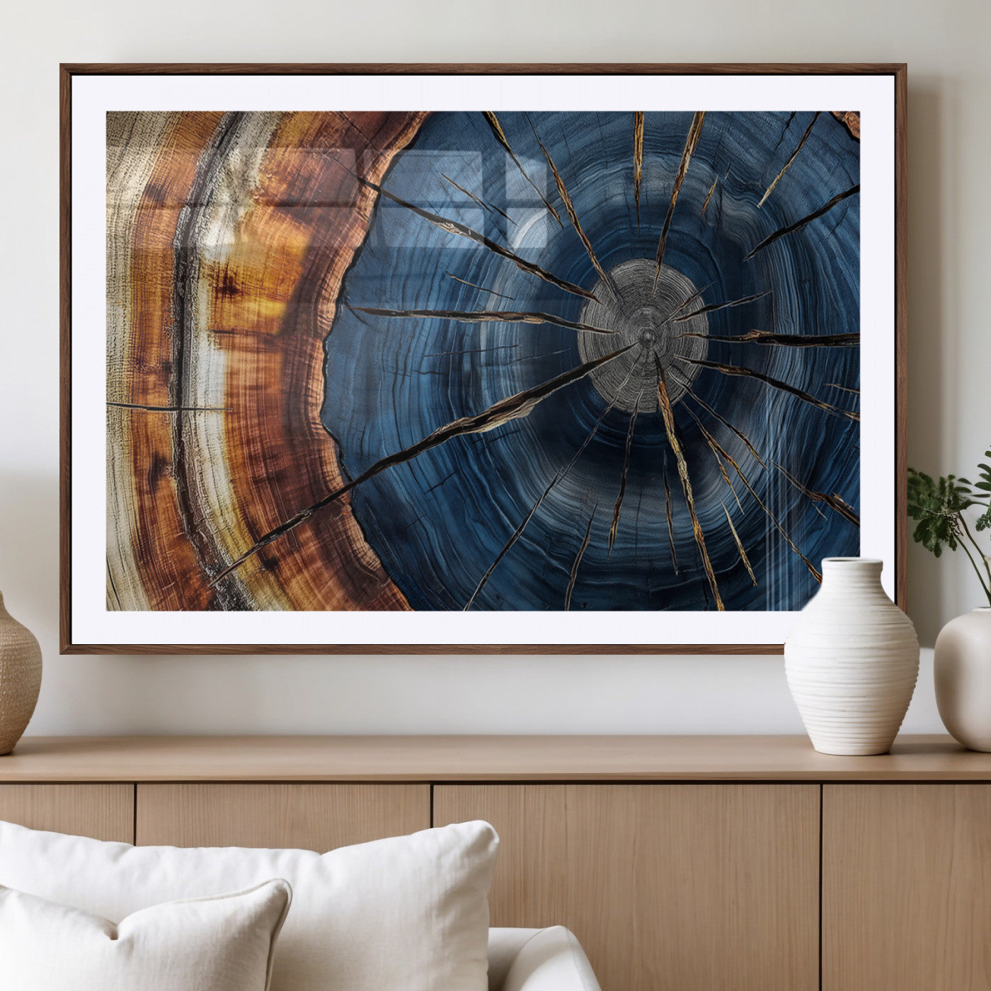 45268471-MGV-CV-36X24-Blue Tree Ring Wall Art – Rustic Wood Cross Section Canvas Print, Modern Abstract Nature Decor for Living Room, Office, or Cabin
