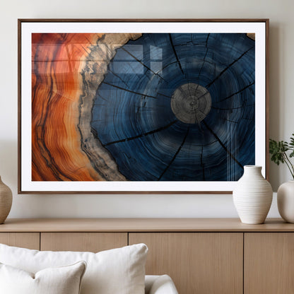 26110607-MGV-CV-36X24-Blue and Orange Tree Ring Wall Art – Abstract Wood Cross Section Canvas Print, Modern Rustic Nature Decor for Living Room, Office,