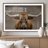 12179171-MGV-CV-36X24-Texas Longhorn Wall Art Canvas Print, Framed Brown Bull Art Picture Print, Lone Cattle Perfect Rustic Western Decor Artwork