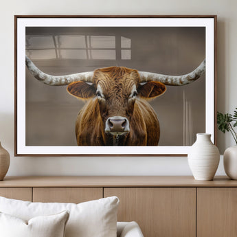 12179171-MGV-CV-36X24-Texas Longhorn Wall Art Canvas Print, Framed Brown Bull Art Picture Print, Lone Cattle Perfect Rustic Western Decor Artwork