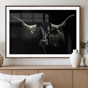 37531960-MGV-CV-36X24-Black Longhorn Bull Wall Art – Dramatic Western Cattle Canvas Print, Rustic Farmhouse Animal Artwork for Living Room, Bedroom,