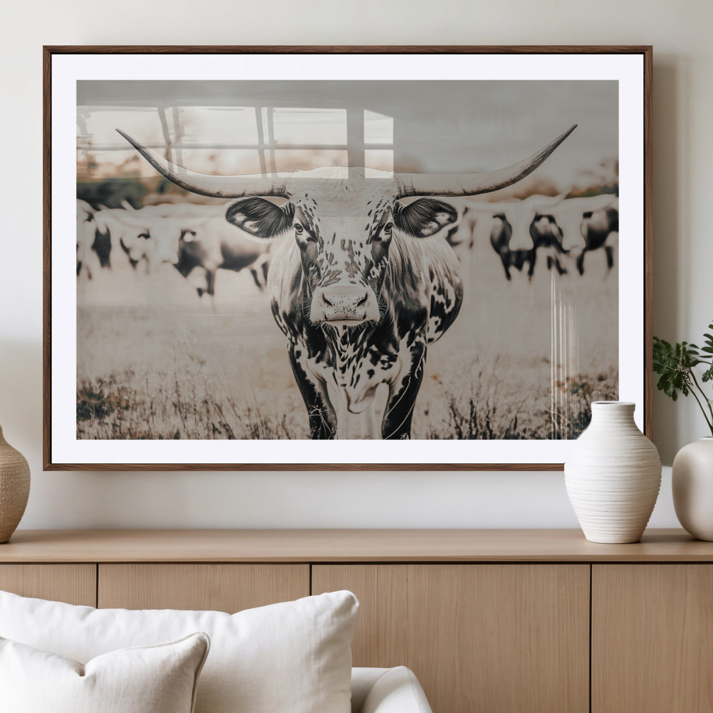 27497342-MGV-CV-36X24-Texas Longhorn Wall Art Canvas Print, Framed Speckled Cow Art Picture Print, Horned Cattle Perfect Rustic Western Decor Artwork