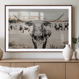 27497342-MGV-CV-36X24-Texas Longhorn Wall Art Canvas Print, Framed Speckled Cow Art Picture Print, Horned Cattle Perfect Rustic Western Decor Artwork