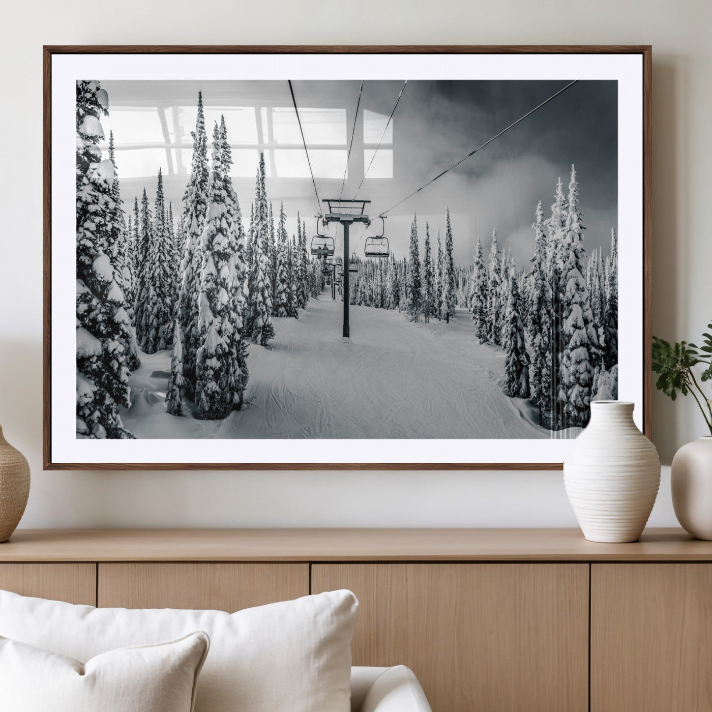31156828-MGC-FP-36x24_Walnut-Snowy Pines Wall Art Canvas Print, Framed Ski Lift Art Picture Print, Winter Forest Perfect Moody Lodge Decor Artwork