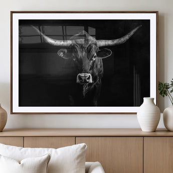 42077175-MGV-CV-36X24-Texas Longhorn Wall Art Canvas Print, Framed Monochrome Bull Art Picture Print, Horned Bull Perfect Rustic Western Decor Artwork