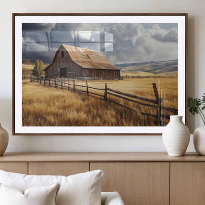38758826-MGV-CV-36X24-Rustic Barn Wall Art Canvas Print, Framed Moody Barn Art Picture Print, Golden Field Perfect Rustic Farmhouse Decor Artwork