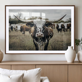 79025945-MGV-CV-36X24-Texas Longhorn Wall Art Canvas Print, Framed Speckled Cow Art Picture Print, Horned Cattle Perfect Rustic Western Decor Artwork