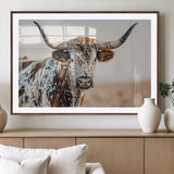 70414966-MGV-CV-36X24-Texas Longhorn Wall Art Canvas Print, Framed Speckled Cow Art Picture Print, Horned Bull Perfect Rustic Western Decor Artwork
