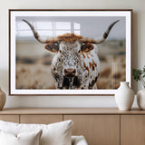 76294381-MGV-CV-36X24-Texas Longhorn Wall Art Canvas Print, Framed Spotted Cow Art Picture Print, Horned Cattle Perfect Rustic Western Decor Artwork