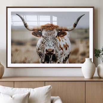 76294381-MGV-CV-36X24-Texas Longhorn Wall Art Canvas Print, Framed Spotted Cow Art Picture Print, Horned Cattle Perfect Rustic Western Decor Artwork