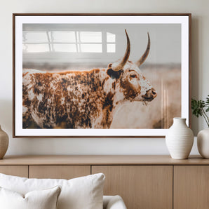 11528295-MGV-CV-36X24-Speckled Longhorn Wall Art Canvas Print, Framed Texas Cattle Art Picture Print, Horned Cow Perfect Rustic Western Decor Artwork