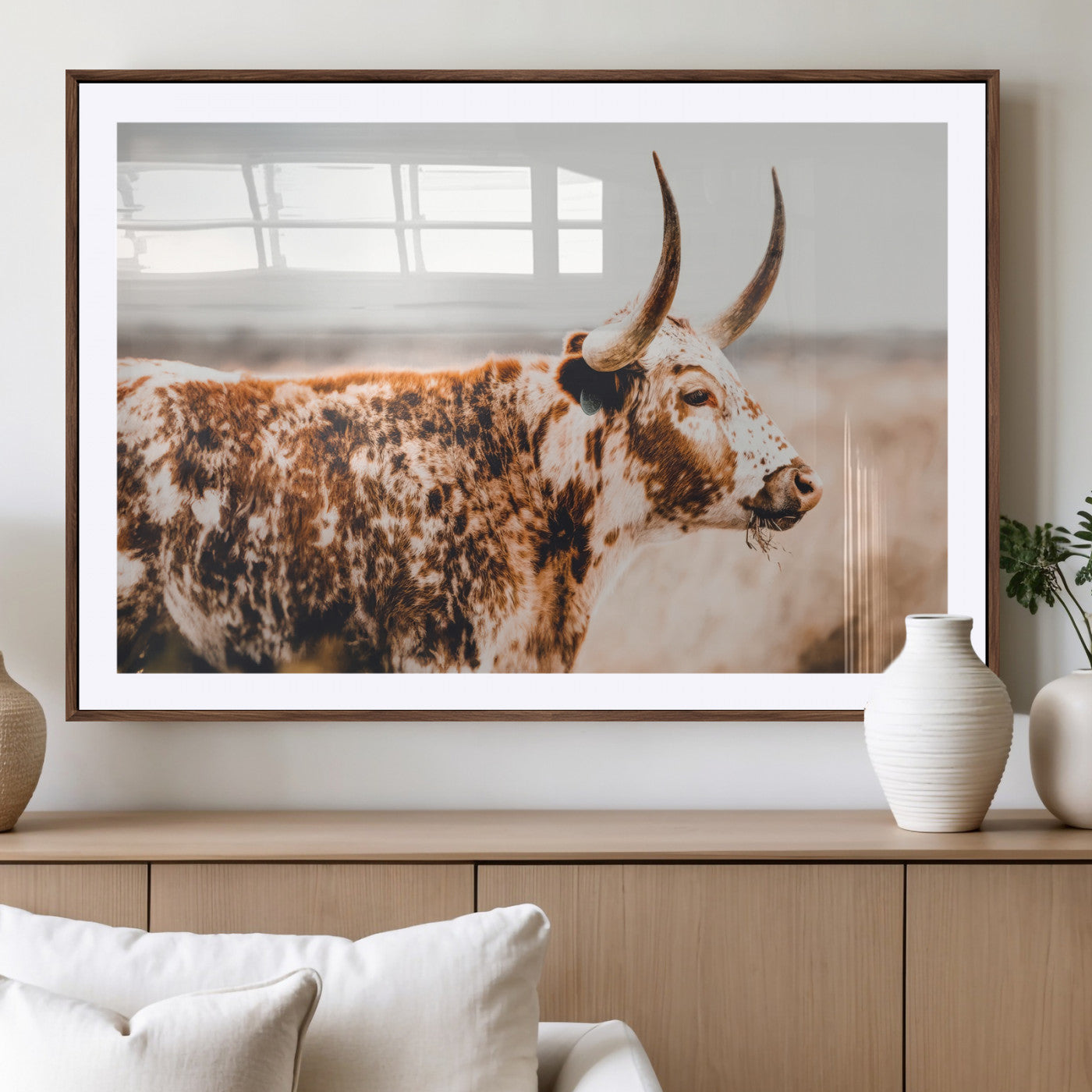 11528295-MGV-CV-36X24-Speckled Longhorn Wall Art Canvas Print, Framed Texas Cattle Art Picture Print, Horned Cow Perfect Rustic Western Decor Artwork