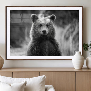 MGC-FP-36x24 - Grizzly Bear Wall Art Canvas Print, Framed Black White Bear Art Picture Print, Wild Bear Perfect Rustic Wildlife Decor Artwork