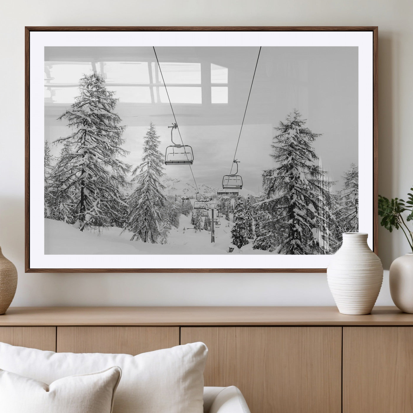 55003599-MGV-CV-36X24-Snowy Ski Lift Wall Art Canvas Print, Framed Winter Forest Art Picture Print, Ski lift Ride Perfect Winter Lodge Decor Artwork