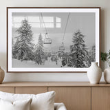 55003599-MGV-CV-36X24-Snowy Ski Lift Wall Art Canvas Print, Framed Winter Forest Art Picture Print, Ski lift Ride Perfect Winter Lodge Decor Artwork
