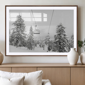 55003599-MGV-CV-36X24-Snowy Ski Lift Wall Art Canvas Print, Framed Winter Forest Art Picture Print, Ski lift Ride Perfect Winter Lodge Decor Artwork