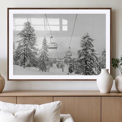 55003599-MGV-CV-36X24-Snowy Ski Lift Wall Art Canvas Print, Framed Winter Forest Art Picture Print, Ski lift Ride Perfect Winter Lodge Decor Artwork