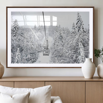 60296839-MGV-CV-36X24-Snowy Mountains Wall Art Canvas Print, Framed Ski Lift Art Picture Print, Winter Forest Perfect Winter Minimalist Decor Artwork