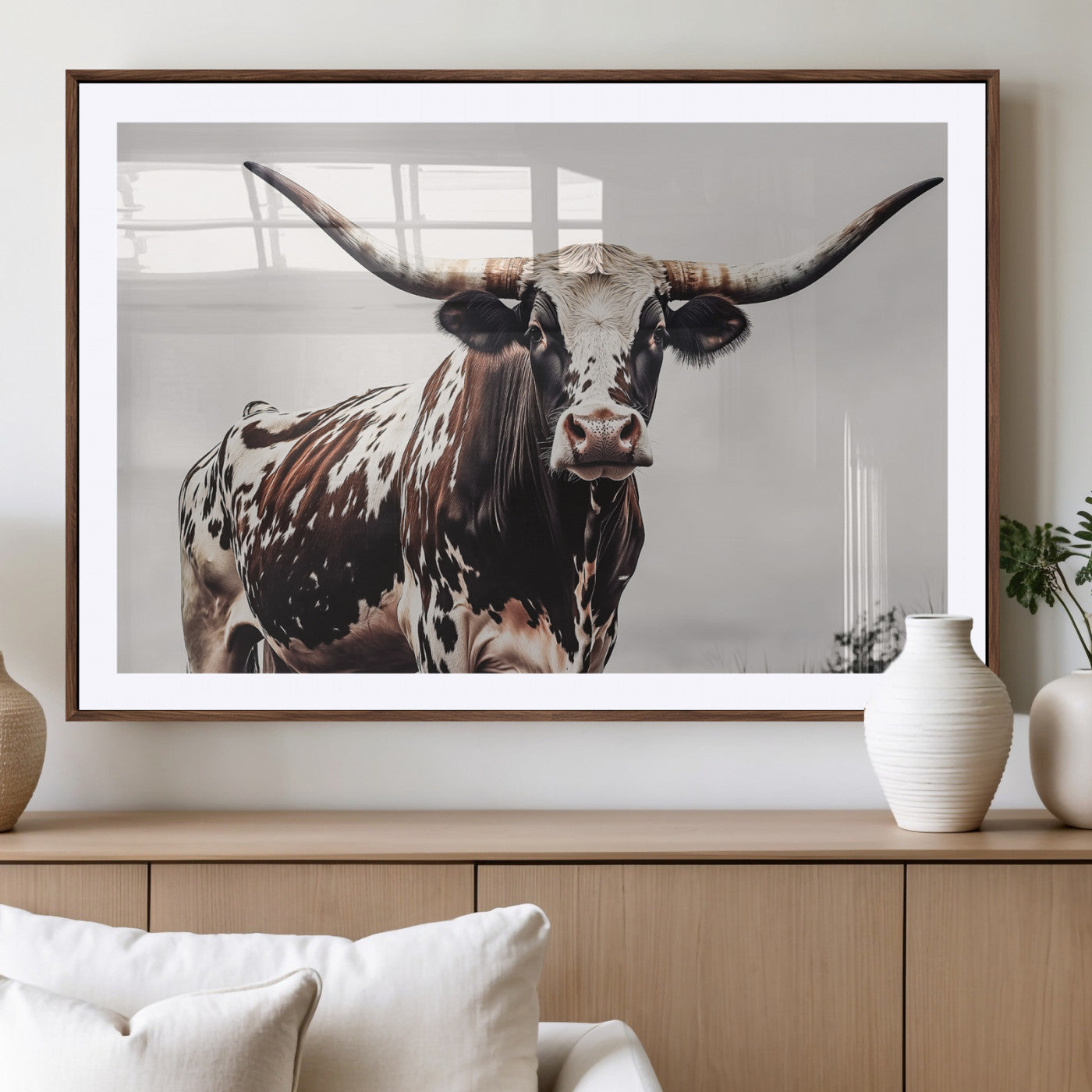 95249234-MGV-CV-36X24-Texas Longhorn Wall Art Canvas Print, Framed Spotted Bull Art Picture Print, Horned Cattle Perfect Rustic Farmhouse Decor Artwork