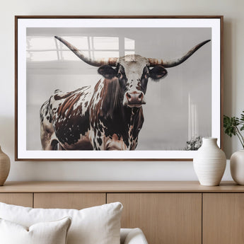 95249234-MGV-CV-36X24-Texas Longhorn Wall Art Canvas Print, Framed Spotted Bull Art Picture Print, Horned Cattle Perfect Rustic Farmhouse Decor Artwork