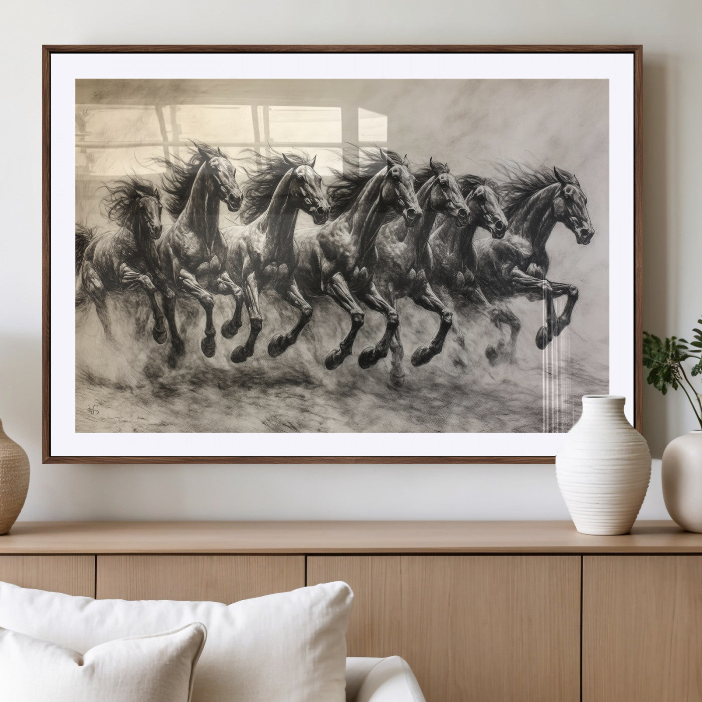 56089591-MGV-CV-36X24-Galloping Horses Wall Art Canvas Print, Framed Wild Stallions Art Picture Print, Horse Herd Sketch Perfect Monochrome Dynamic